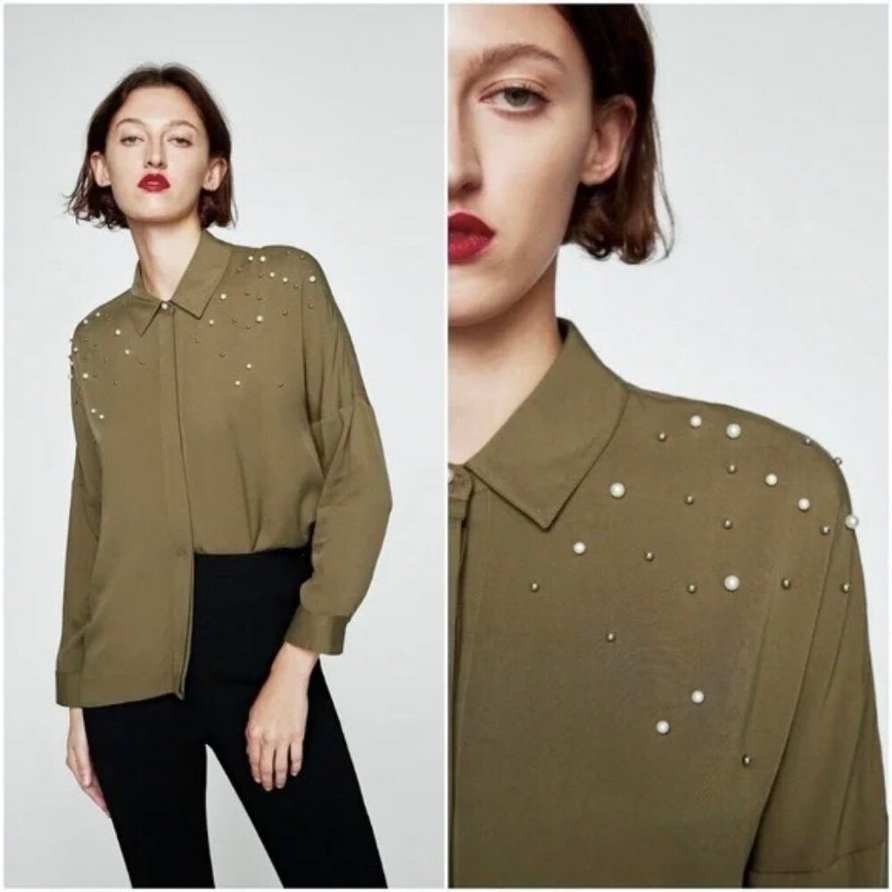 Zara Khaki Pearl Embellished Shirt